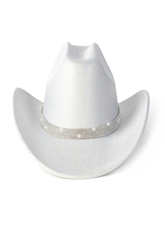 Gossifan Women Men Wide Brim Cowboy Hats with Rhinestone Buckle for Party Disco Sparkly Cowgirl Hat-Silver - Image 1